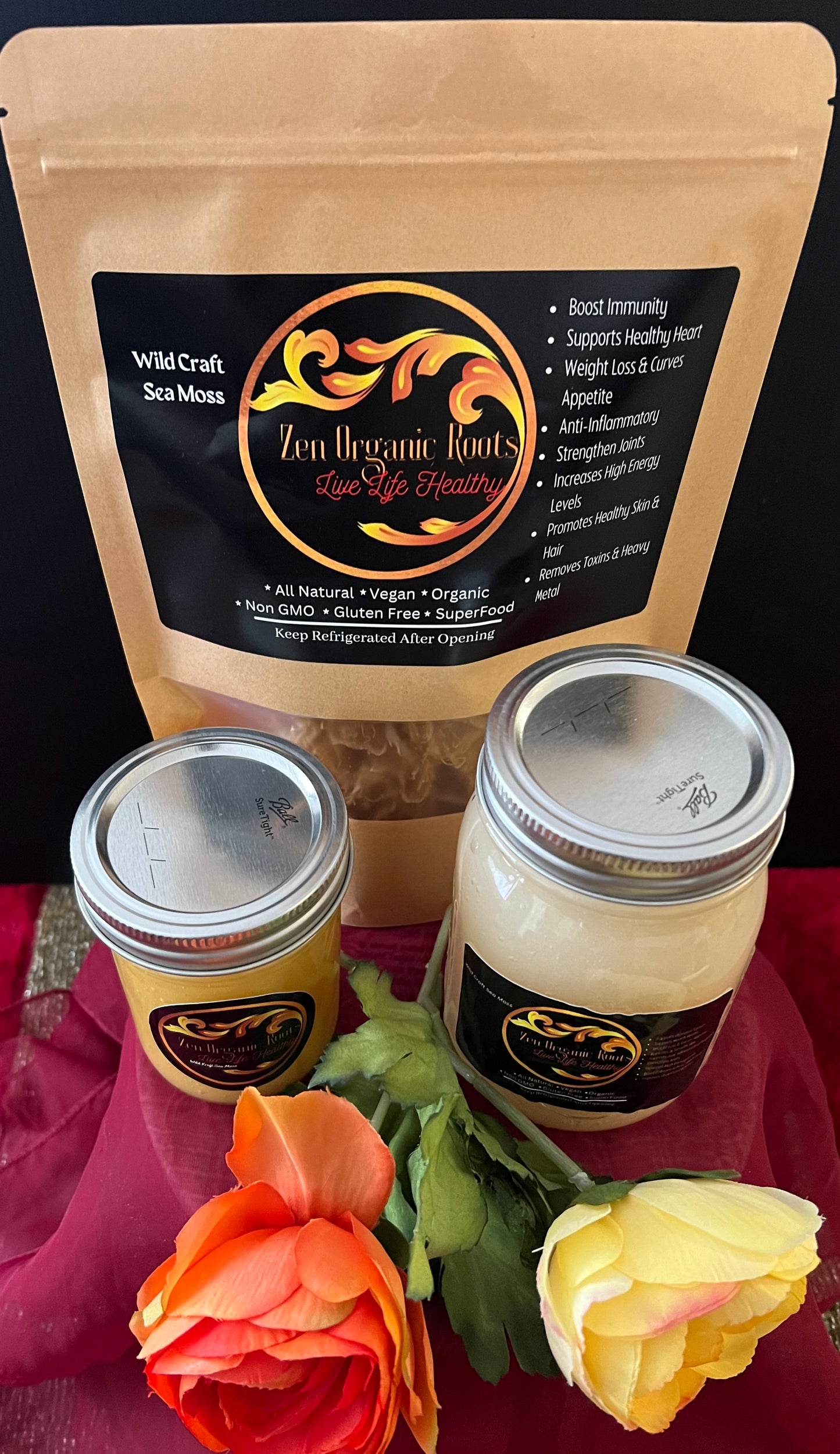 Zen's Moss Bundles - 4oz Raw Dried Sea Moss 8oz Infused Fruit Moss Jam 16oz Premium Gold Sea Moss