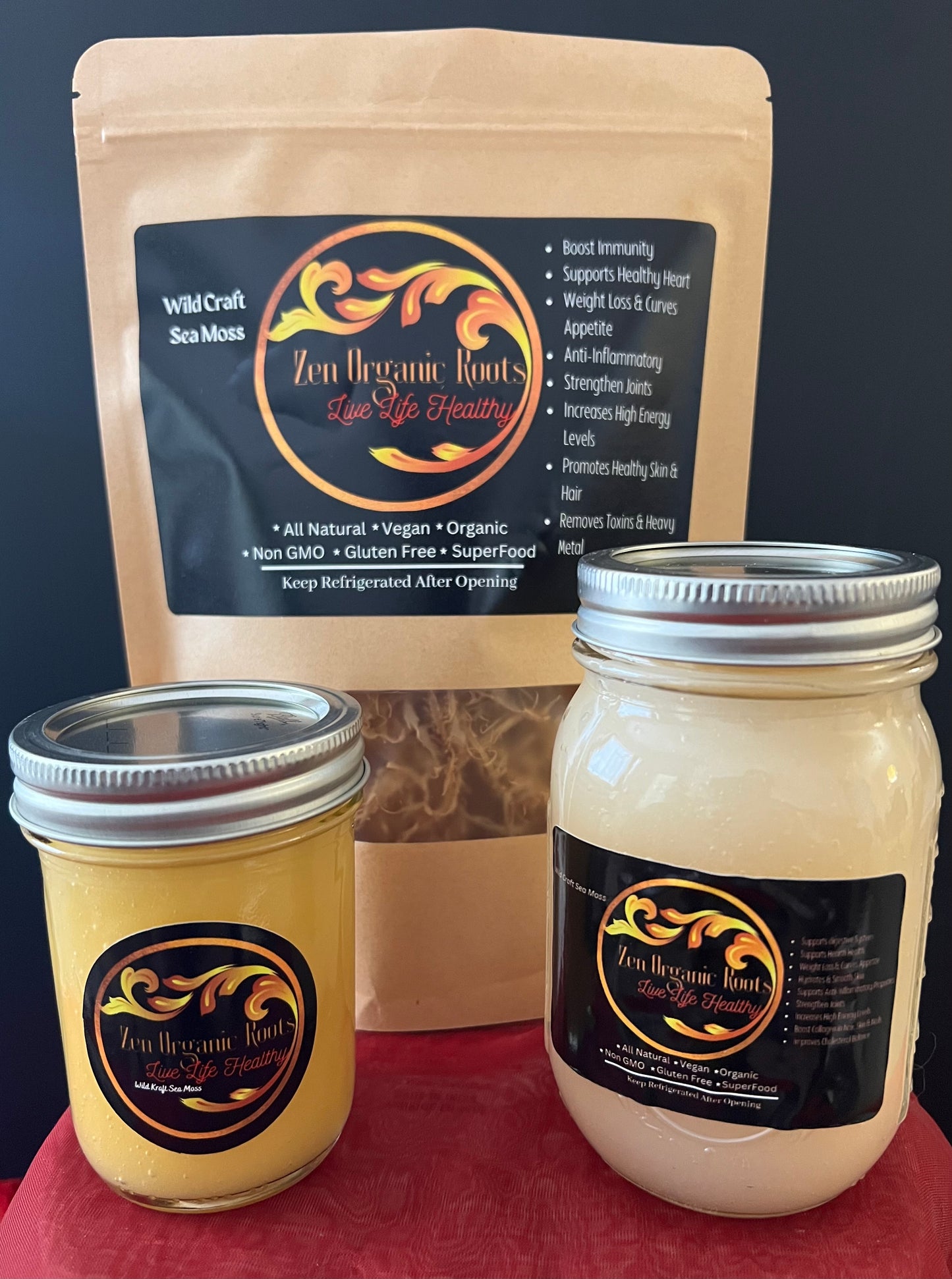 Zen's Moss Bundles - 4oz Raw Dried Sea Moss 8oz Infused Fruit Moss Jam 16oz Premium Gold Sea Moss